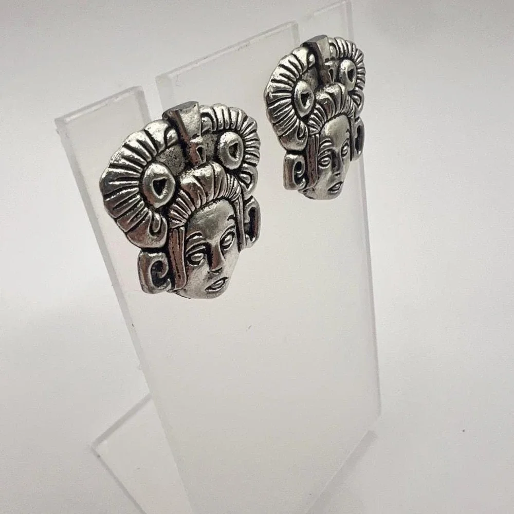 Sculptural Tribal Face Earrings Silver Pierced‎ Posts Statement Bold Ethnic Vibe